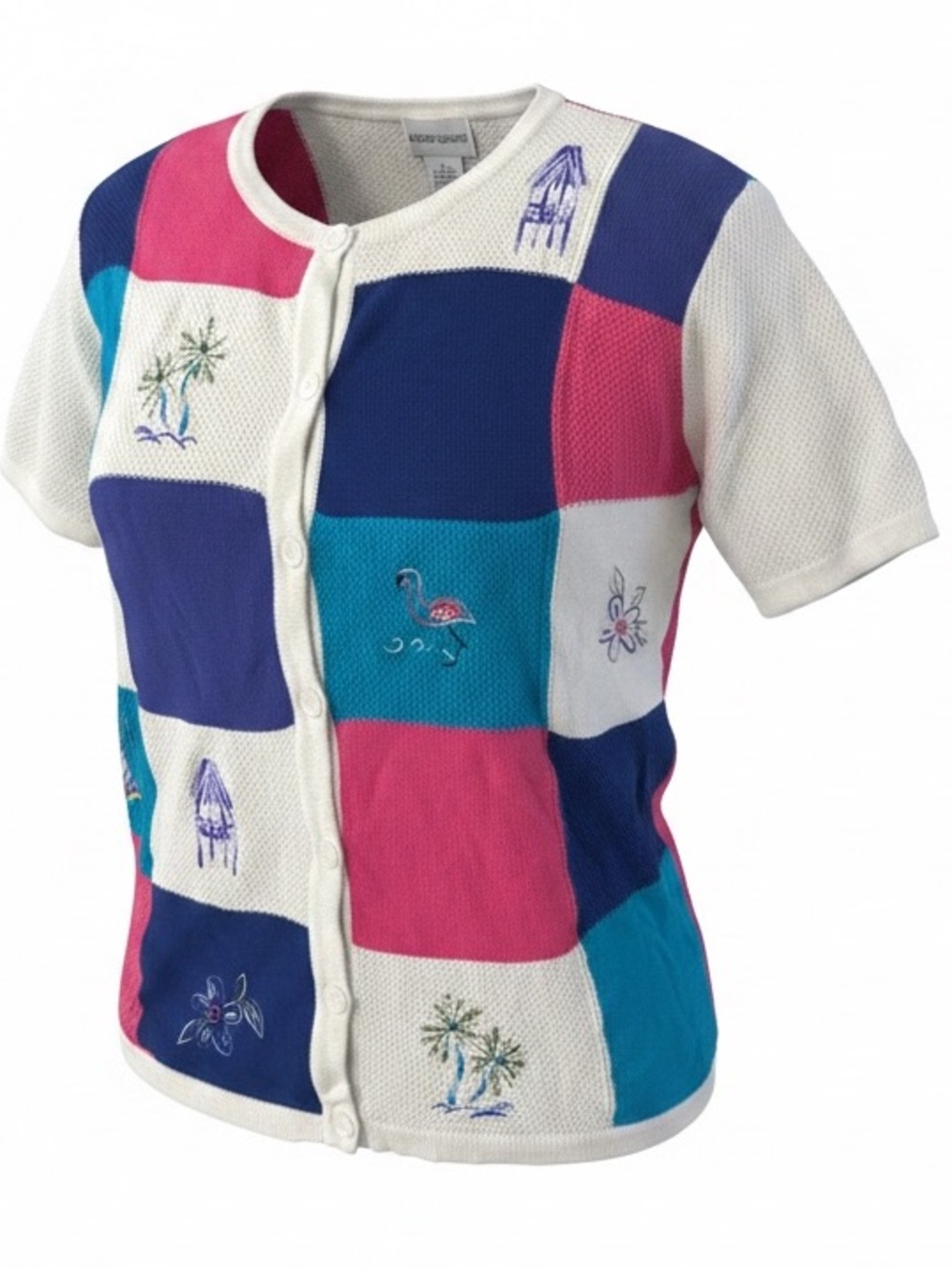 Alfred Dunner VTG Y2K Patchwork Embroidered Cardigan Sweater Tropical SZ L -EUC